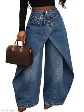 Womens Asymmetrical Cargo Jeans Baggy Wide Leg Denim Pants